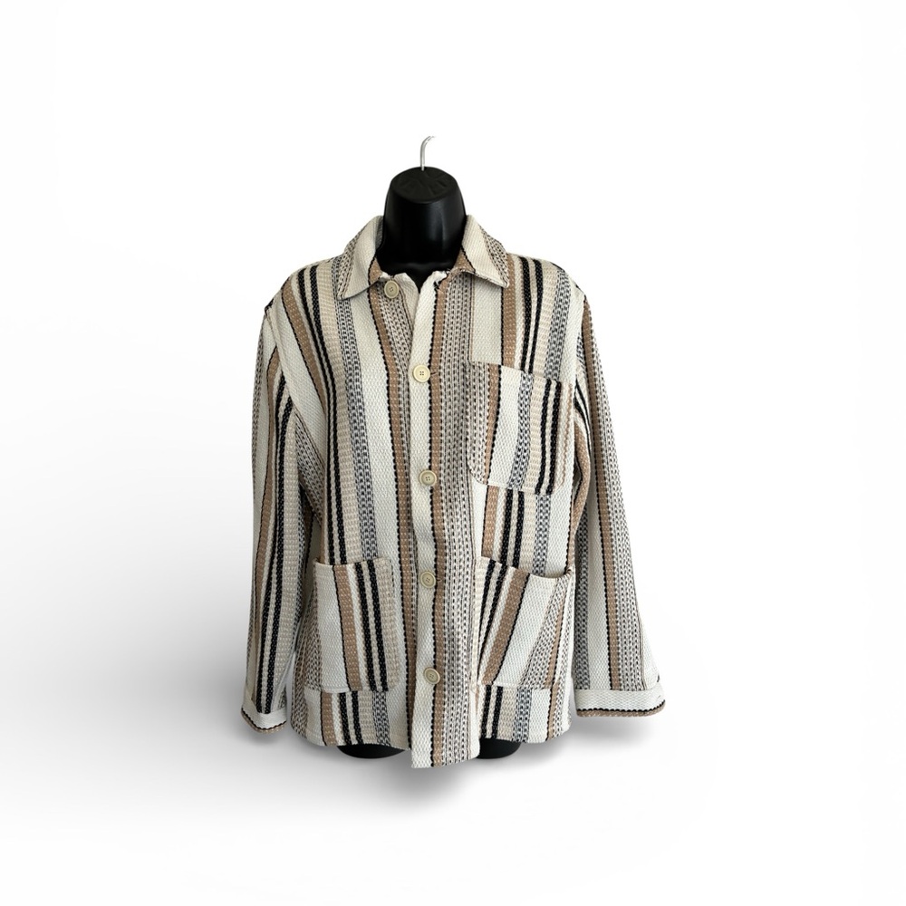 Zara Cream, Tan & Black Striped Knit Shirt Jacket Mens Size S